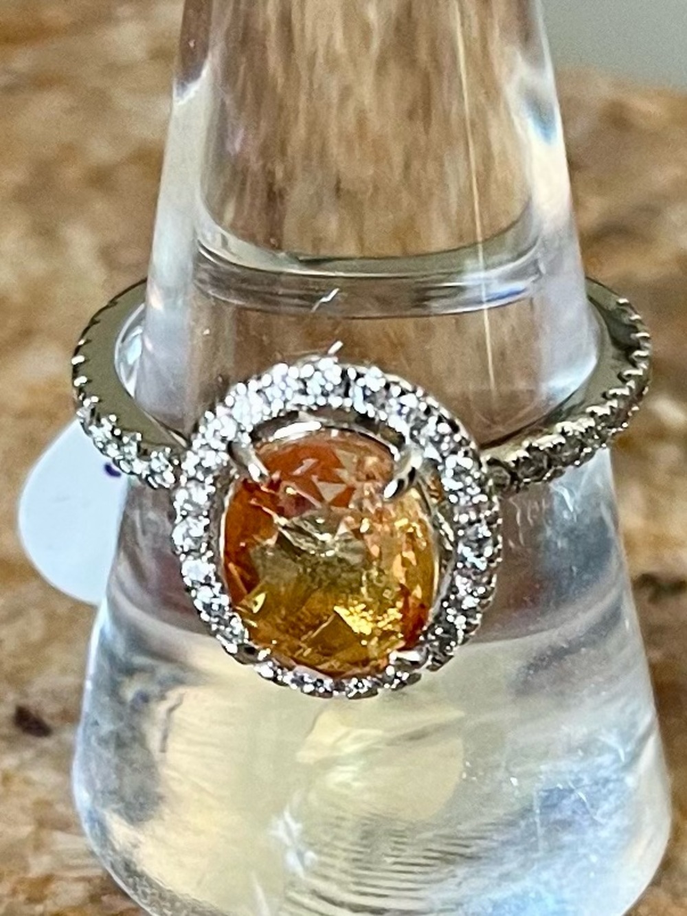 BP Retro RBP2947 Sparkling Peach Ombre Crystal Rhodium Halo Solitaire Ring HTF